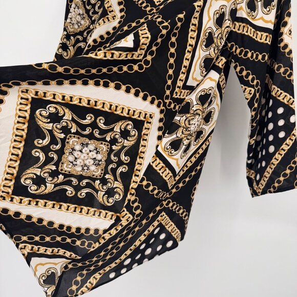 Chicos 2 Womens Black Gold Geometric Chain Print cold shoulder Blouse Size large - Picture 7 of 10